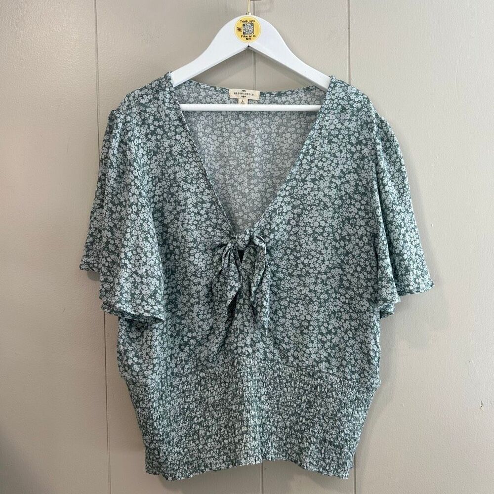 Mason & Belle Green Floral Tie Front Smocked Blouse Women’s Size Large
